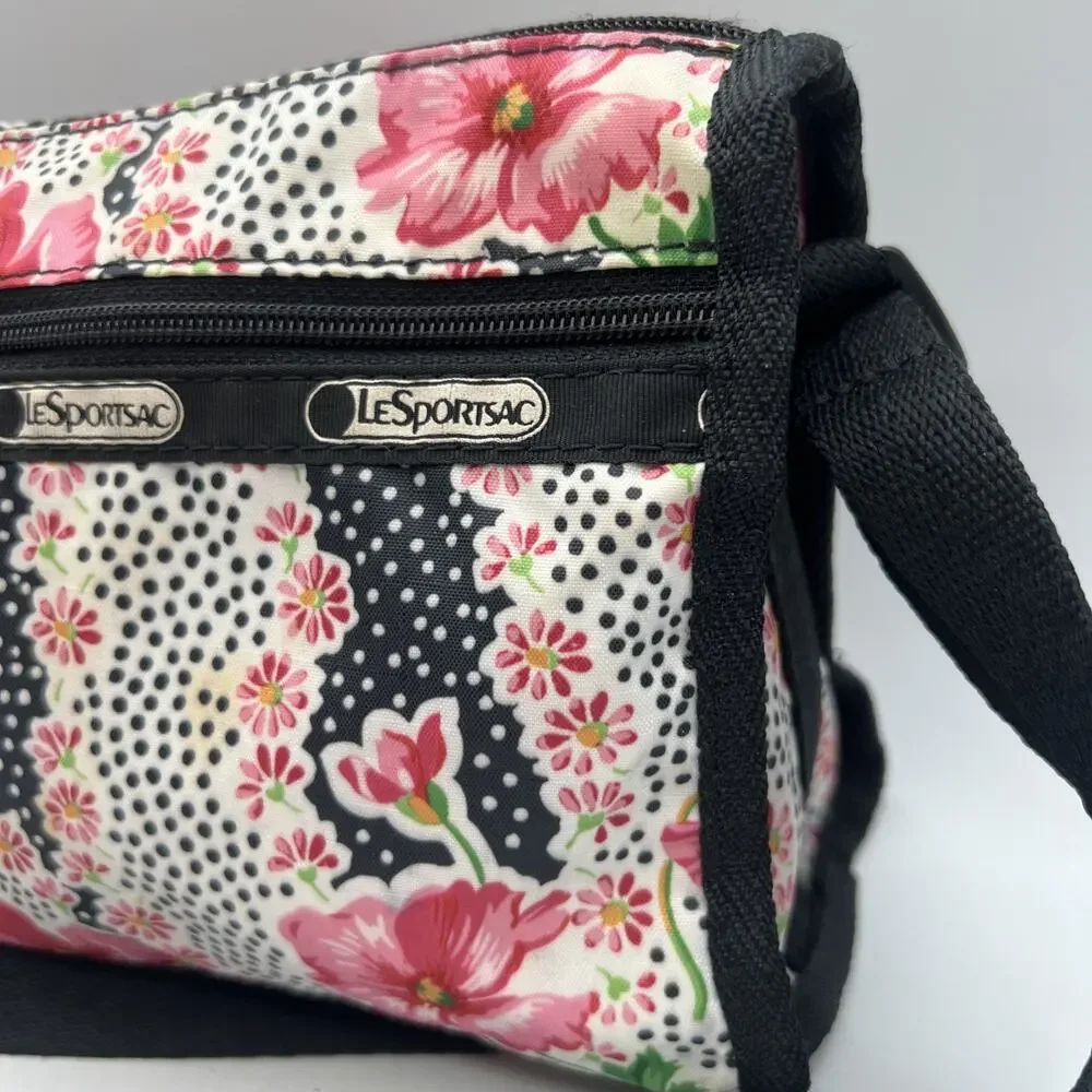 LeSportsac Pink Black Flowers Polka Dot Crossbody Purse 8.5